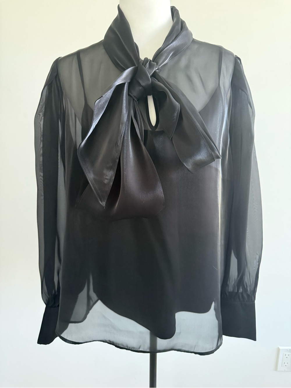 Sheer Black Bow-Neck Blouse - Women Tops